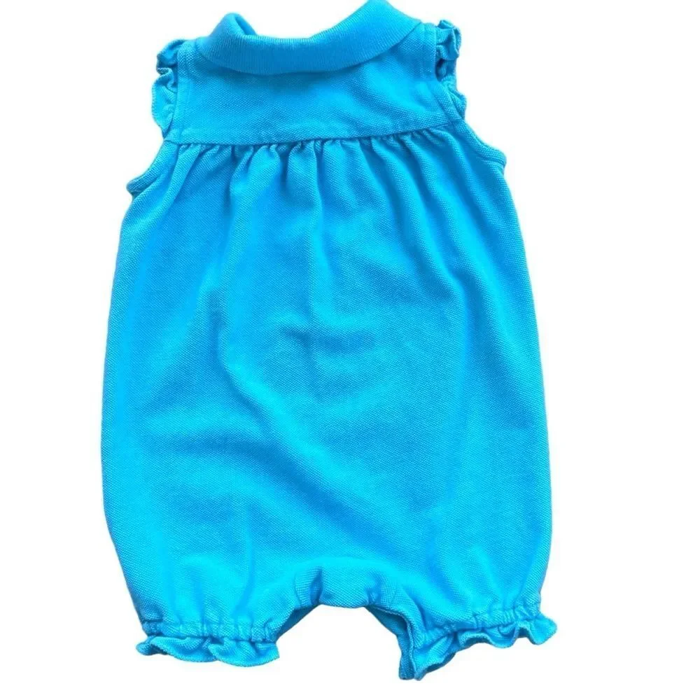 Ralph Lauren Baby Girl Sleeveless Blue Collar One Piece Ruffle Outfit. 6 Months.